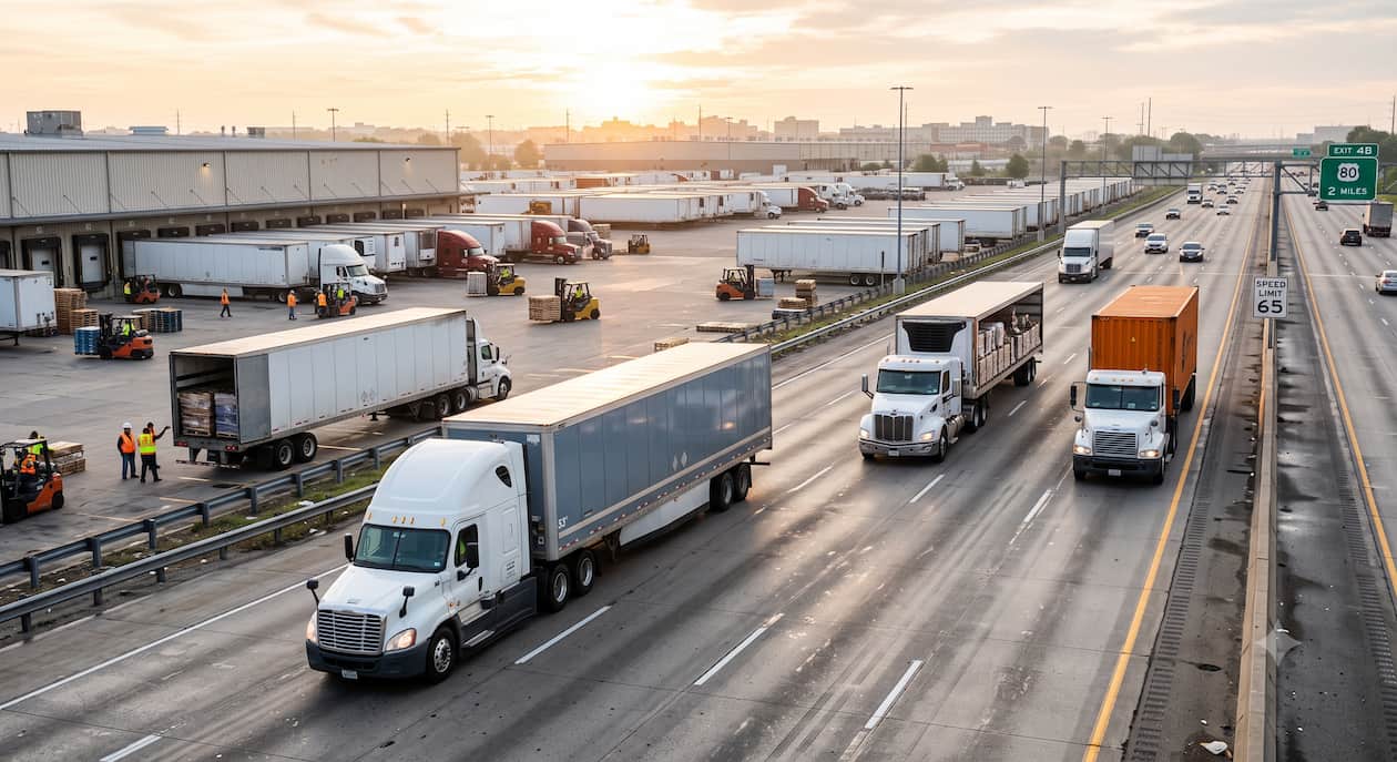 Best freight shipping companies in the US transporting palletized freight on an interstate highway with modern logistics trucks