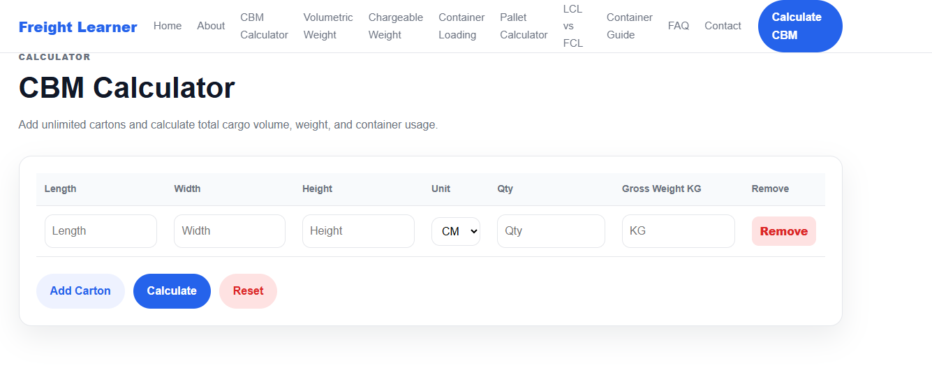 Freight Learner CBM Calculator showing carton dimensions, unit selection, quantity, gross weight, total CBM, and shipment weight