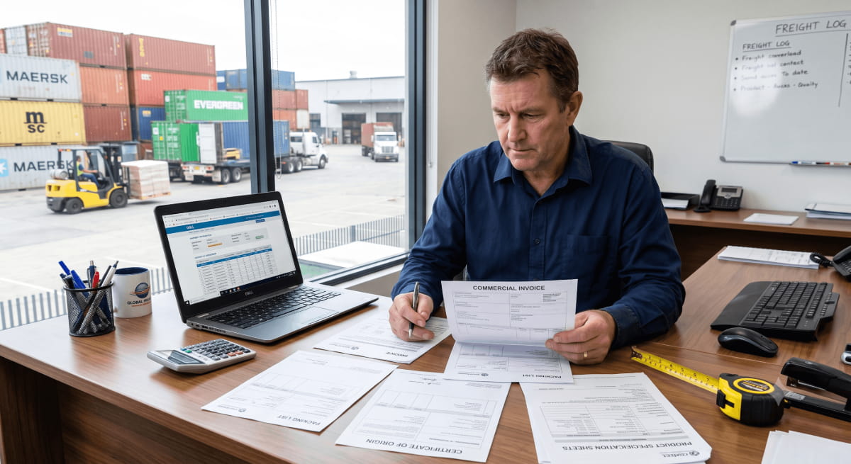 Logistics professional reviewing shipment documents.