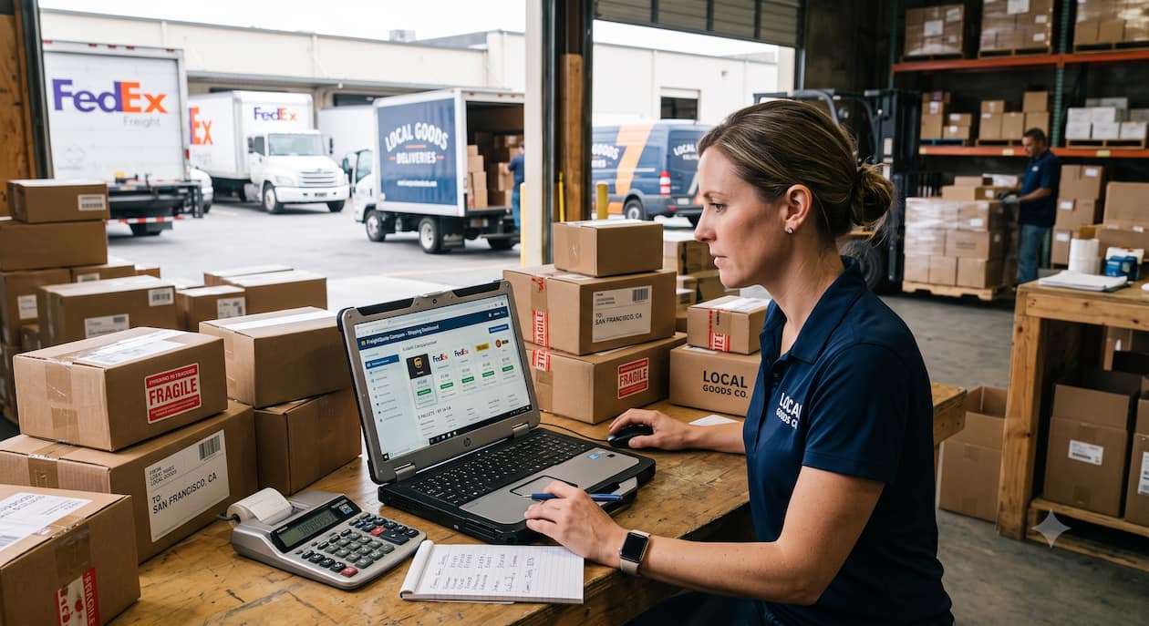 Best freight shipping companies in the US transporting palletized freight on an interstate highway with modern logistics trucks