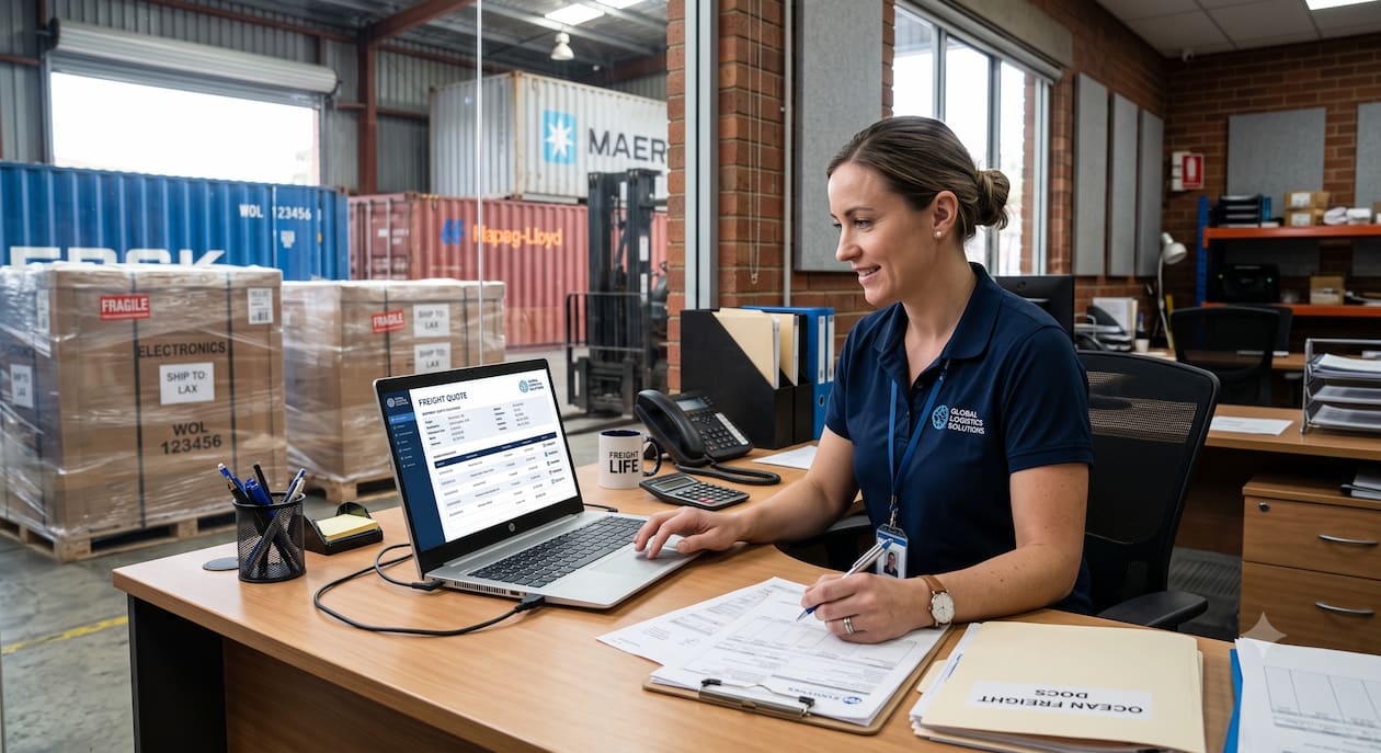 Best freight shipping companies in the US transporting palletized freight on an interstate highway with modern logistics trucks