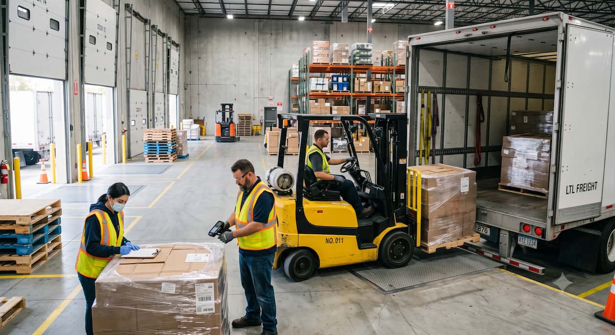Forklift loading palletized freight into an LTL trailer inside a modern warehouse distribution center