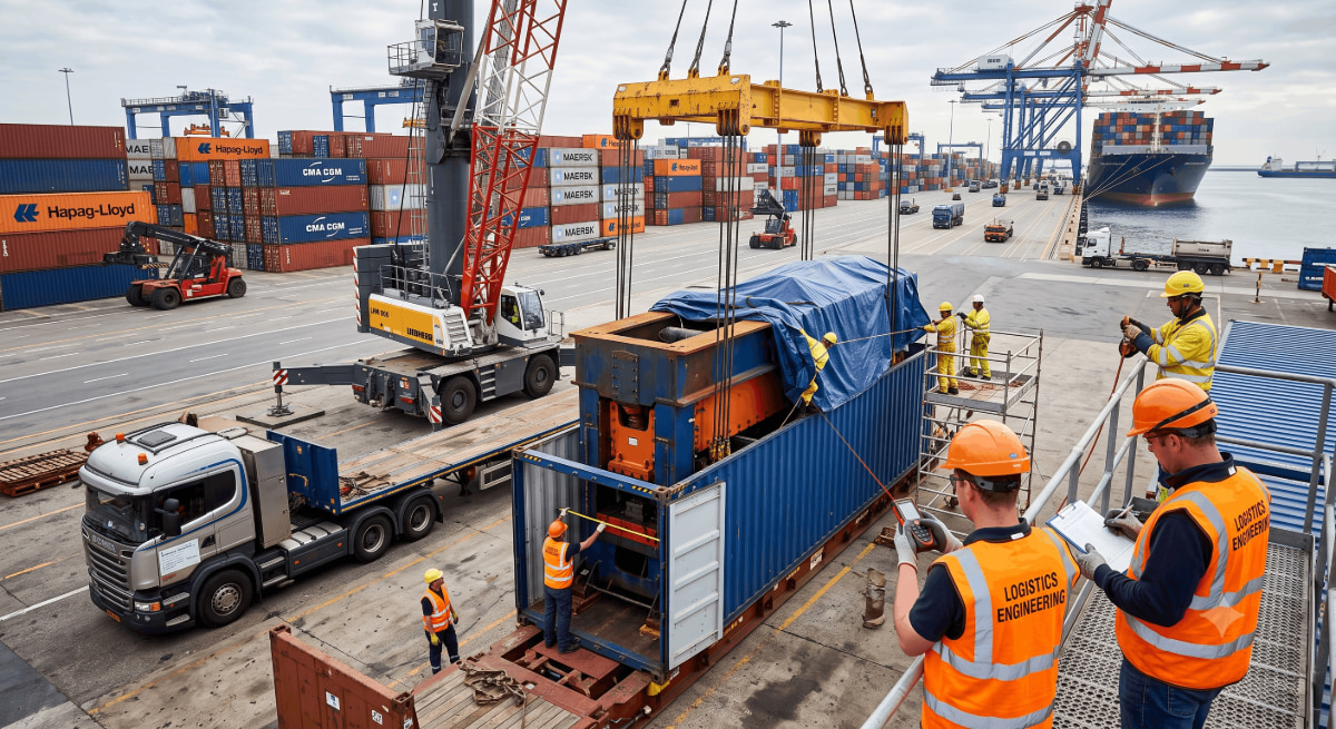 Oversized machinery loaded into an open-top shipping container.
