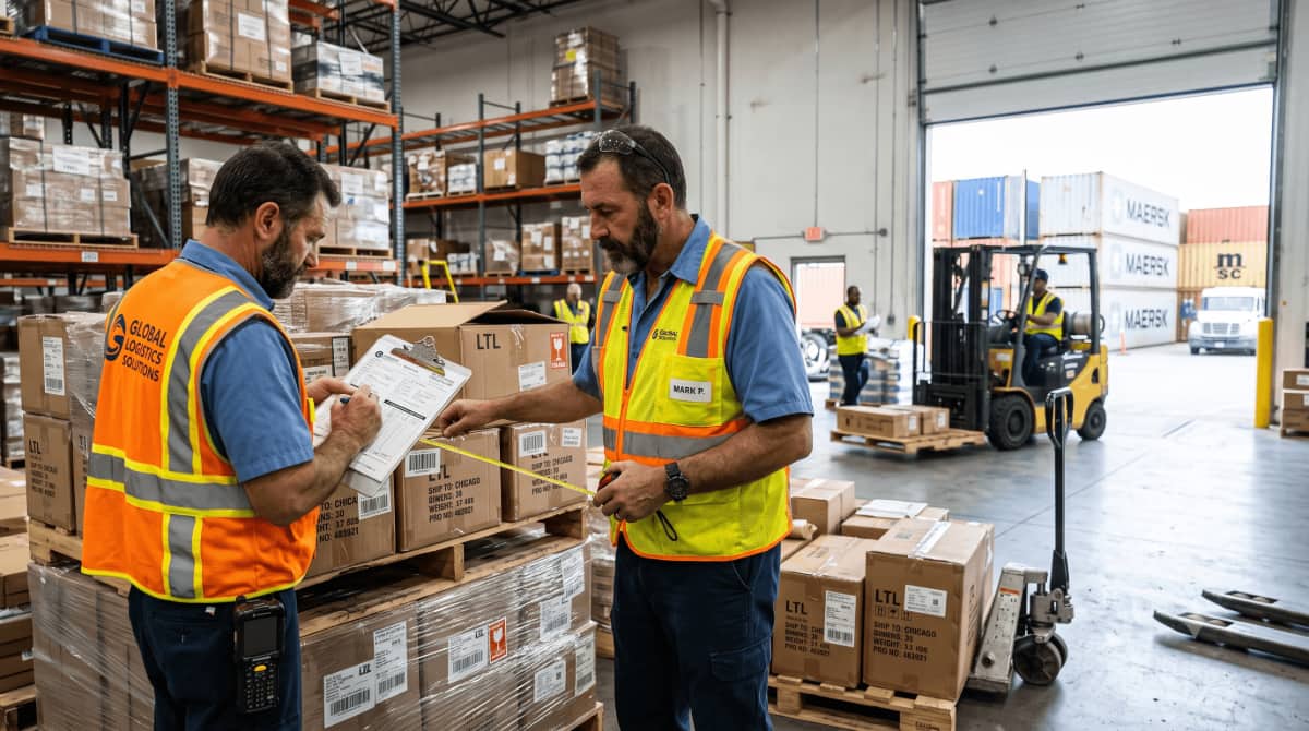 Freight forwarder inspecting cargo before determining freight class.